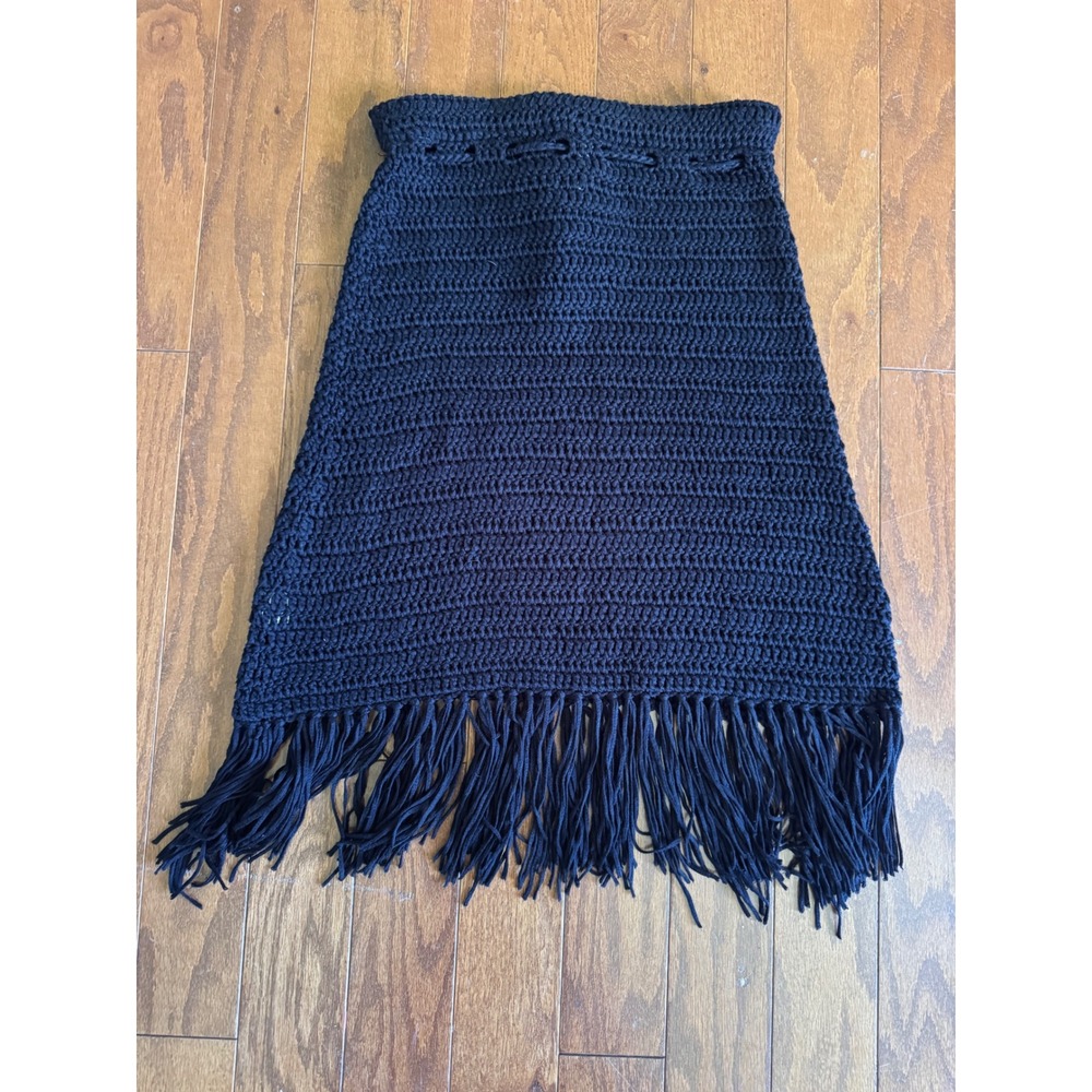 POL Black Crochet Knit Fringe Mini Skirt Boho Festival Drawstring Small - Picture 3 of 7
